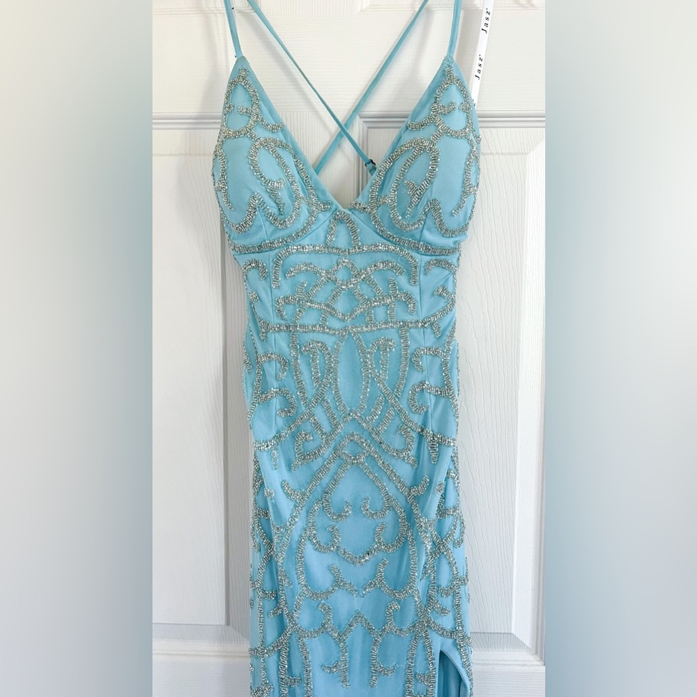 Sky blue fitted JASZ prom dress with leg slit